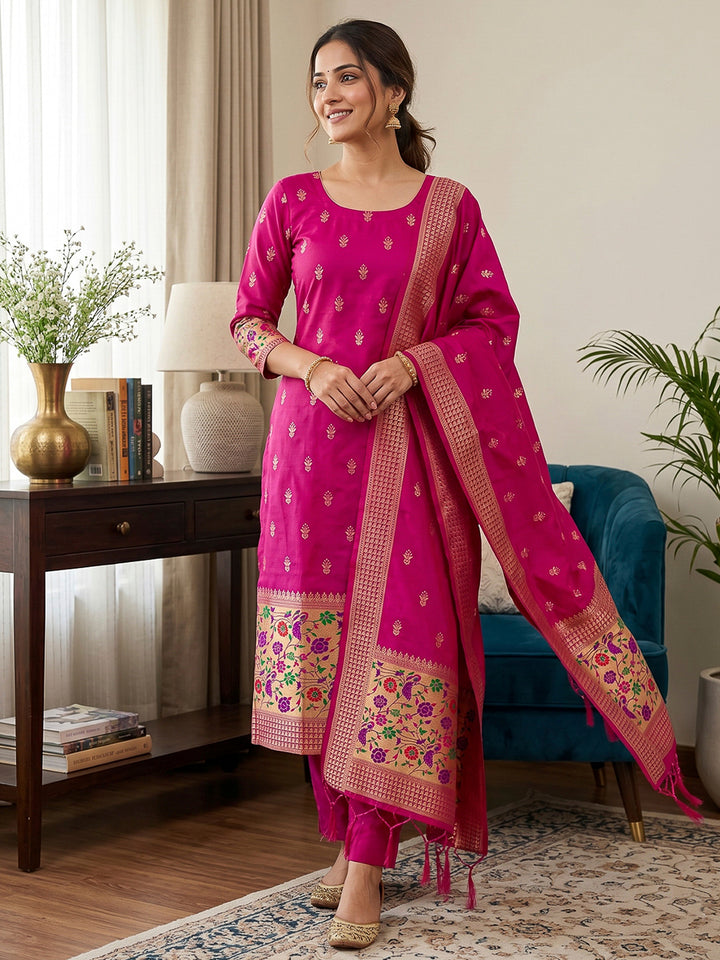 Pink Pure Soft Banarasi Silk Woven Design Unstitched Dress Material