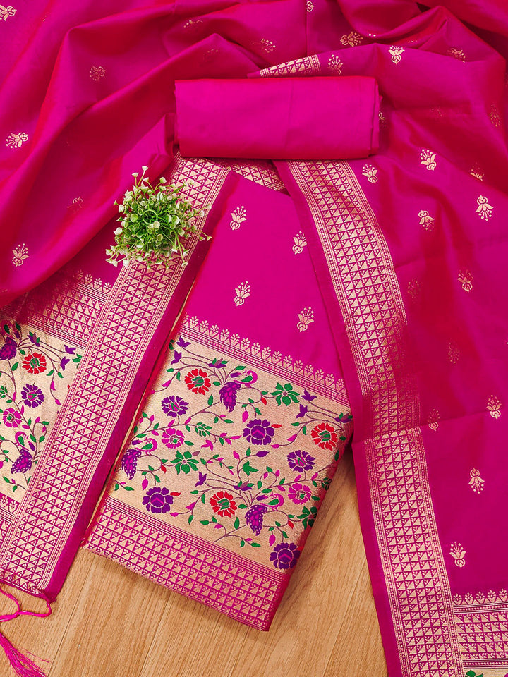 Pink Pure Soft Banarasi Silk Woven Design Unstitched Dress Material