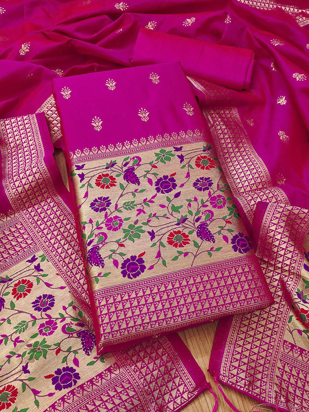 Pink Pure Soft Banarasi Silk Woven Design Unstitched Dress Material
