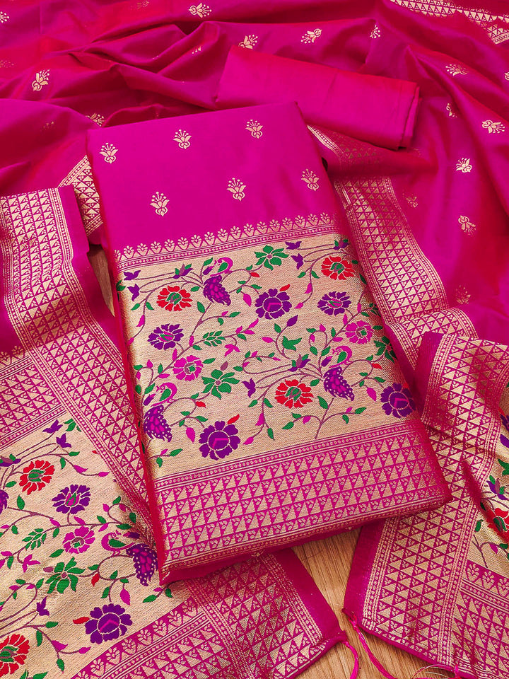 Pink Pure Soft Banarasi Silk Woven Design Unstitched Dress Material