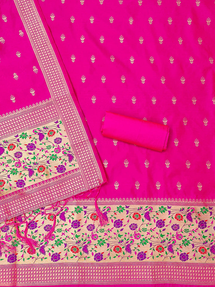 Pink Pure Soft Banarasi Silk Woven Design Unstitched Dress Material