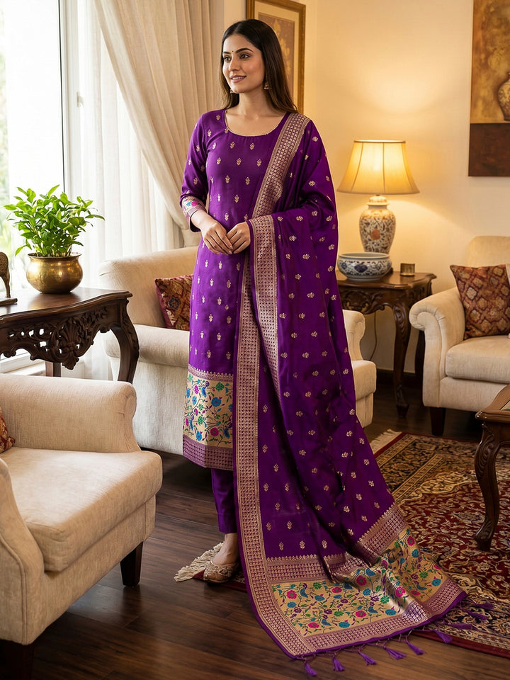 Purple Pure Soft Banarasi Silk Woven Design Unstitched Dress Material