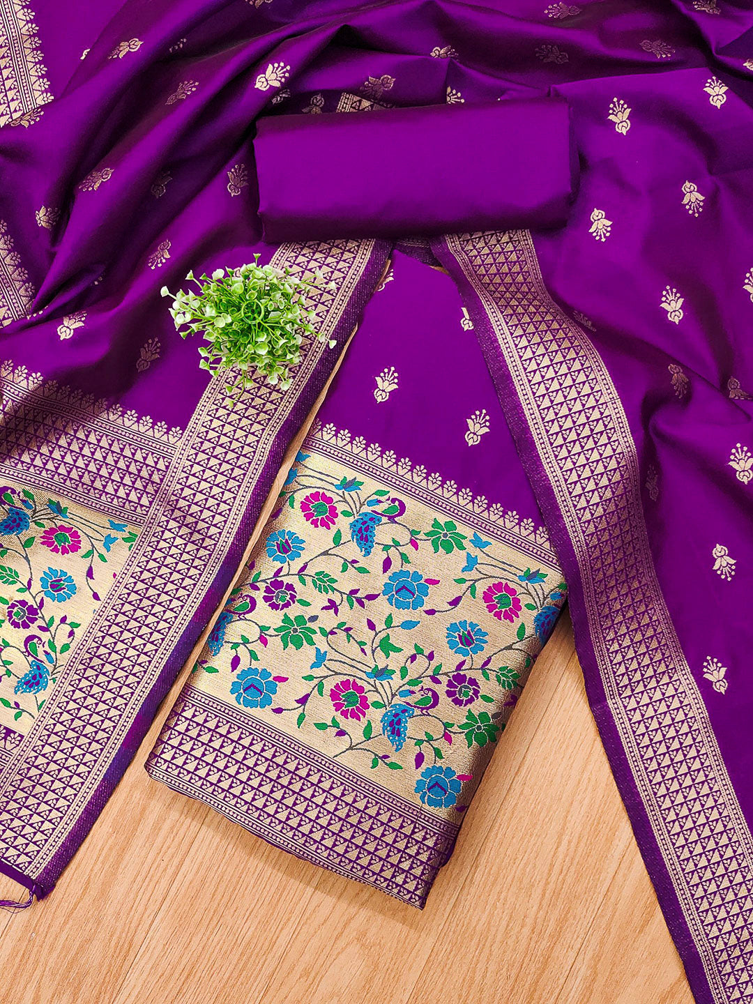 Purple Pure Soft Banarasi Silk Woven Design Unstitched Dress Material