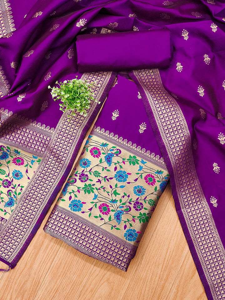 Purple Pure Soft Banarasi Silk Woven Design Unstitched Dress Material