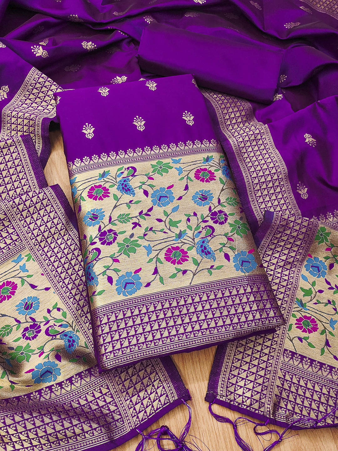 Purple Pure Soft Banarasi Silk Woven Design Unstitched Dress Material
