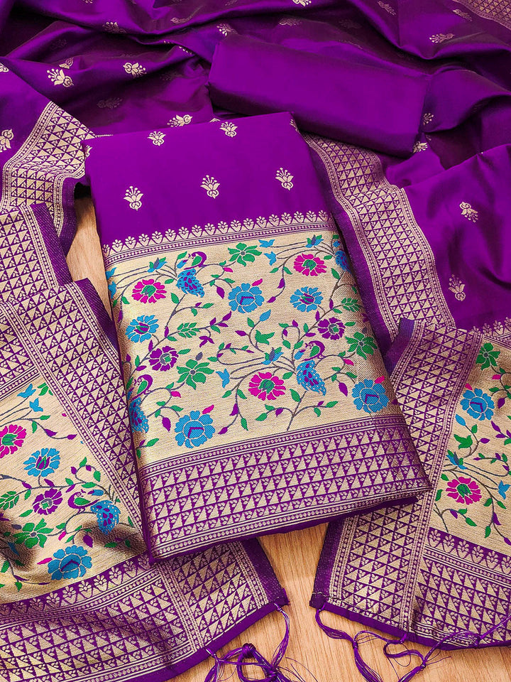 Purple Pure Soft Banarasi Silk Woven Design Unstitched Dress Material