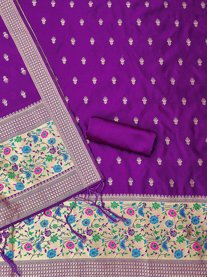 Purple Pure Soft Banarasi Silk Woven Design Unstitched Dress Material