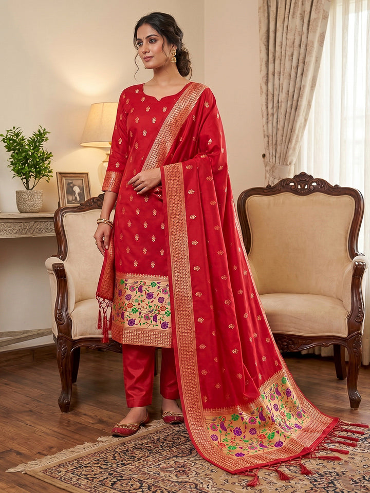 Red Pure Soft Banarasi Silk Woven Design Unstitched Dress Material