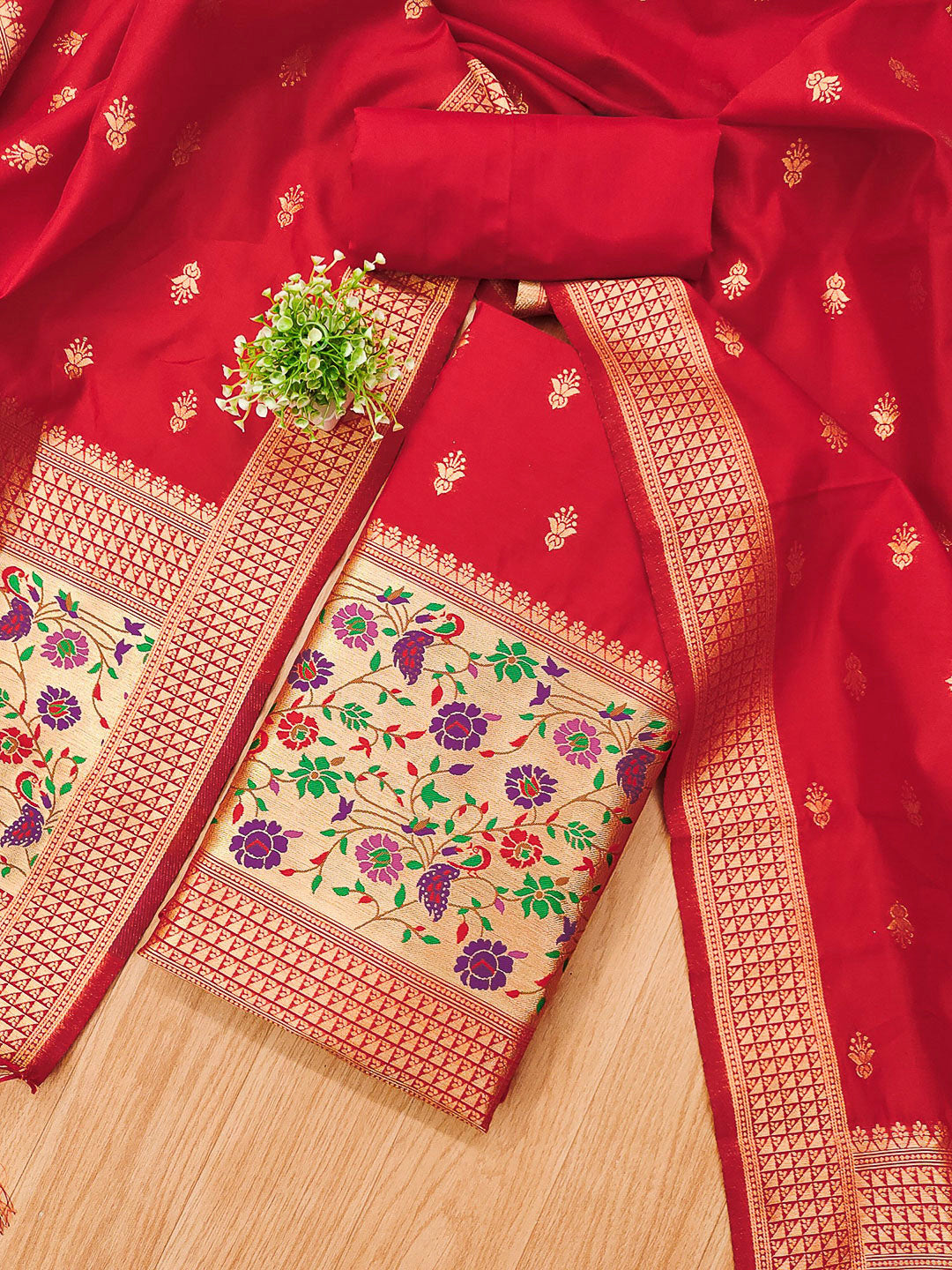 Red Pure Soft Banarasi Silk Woven Design Unstitched Dress Material