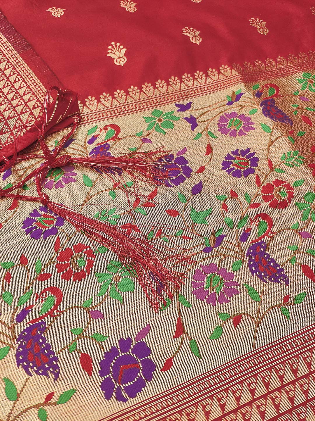 Red Pure Soft Banarasi Silk Woven Design Unstitched Dress Material