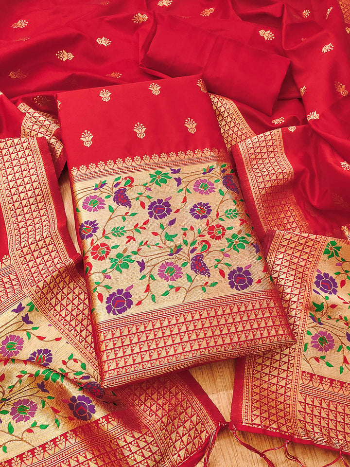 Red Pure Soft Banarasi Silk Woven Design Unstitched Dress Material
