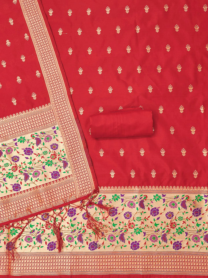 Red Pure Soft Banarasi Silk Woven Design Unstitched Dress Material