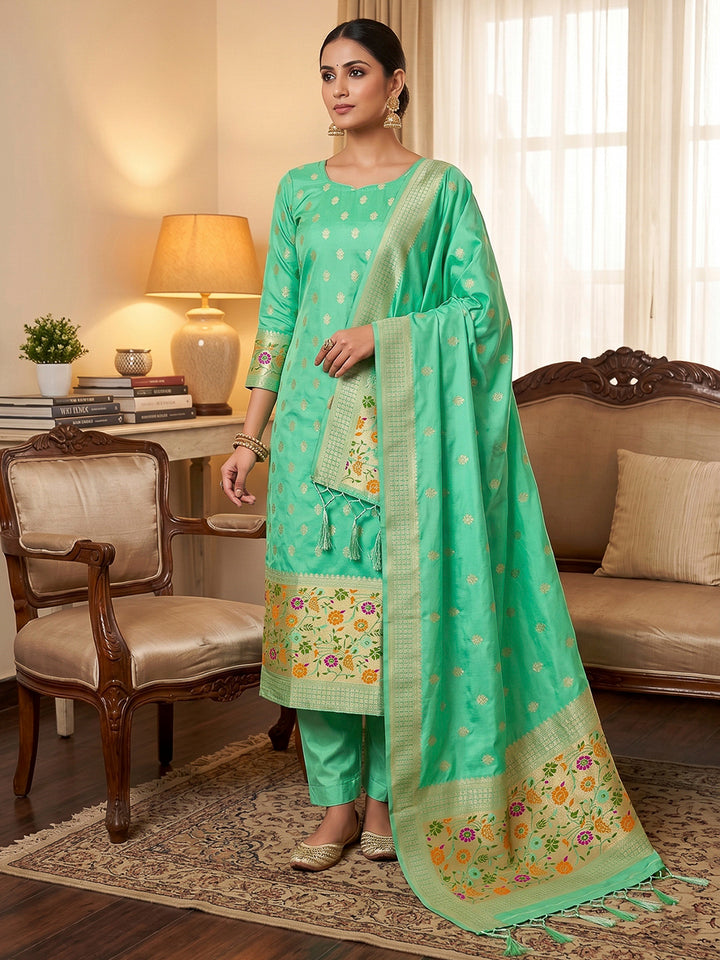 Sea-Green Pure Soft Banarasi Silk Woven Design Unstitched Dress Material