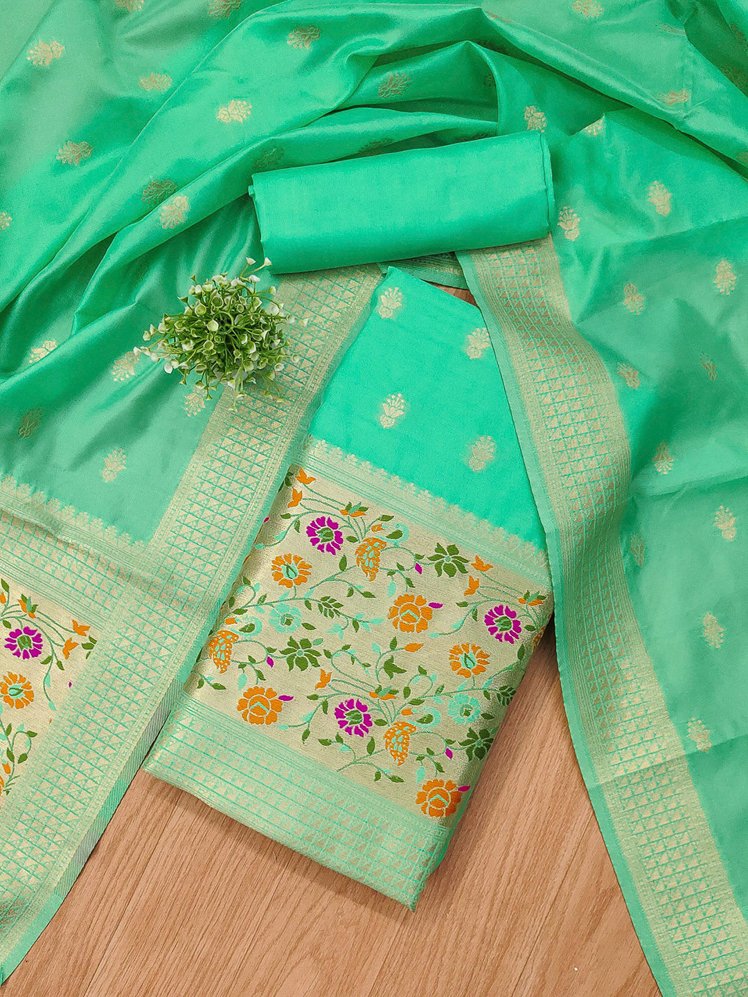 Sea-Green Pure Soft Banarasi Silk Woven Design Unstitched Dress Material