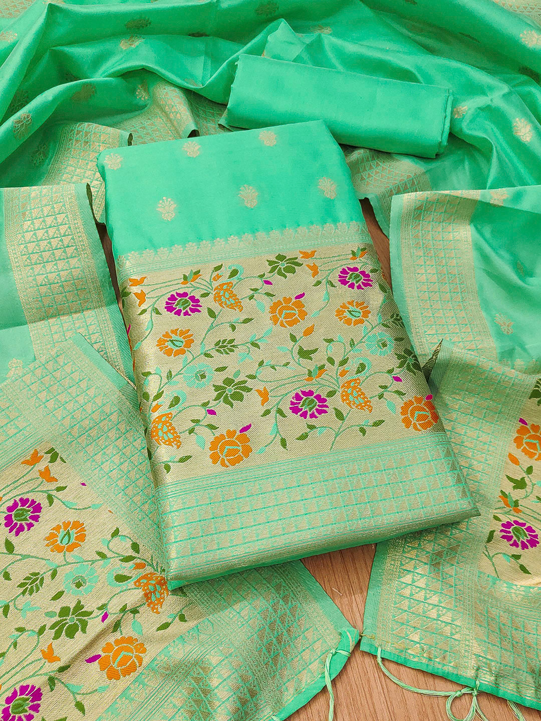 Sea-Green Pure Soft Banarasi Silk Woven Design Unstitched Dress Material