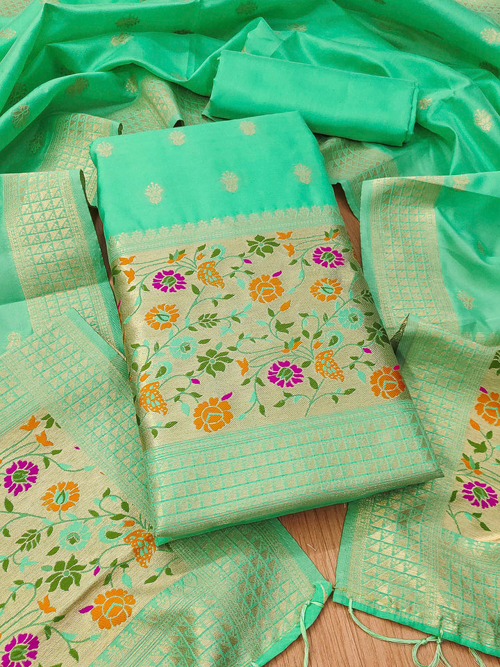 Sea-Green Pure Soft Banarasi Silk Woven Design Unstitched Dress Material