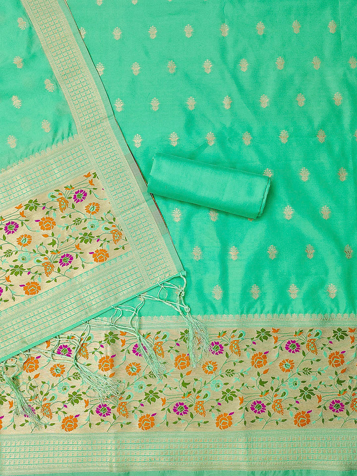 Sea-Green Pure Soft Banarasi Silk Woven Design Unstitched Dress Material
