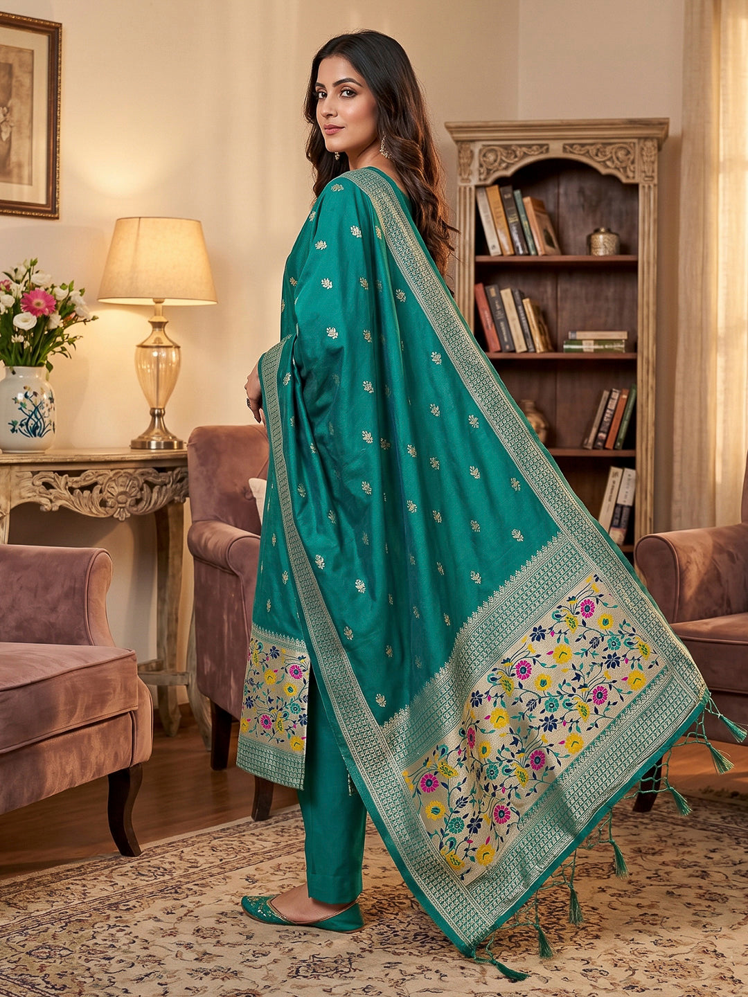 Teal-Blue Pure Soft Banarasi Silk Woven Design Unstitched Dress Material
