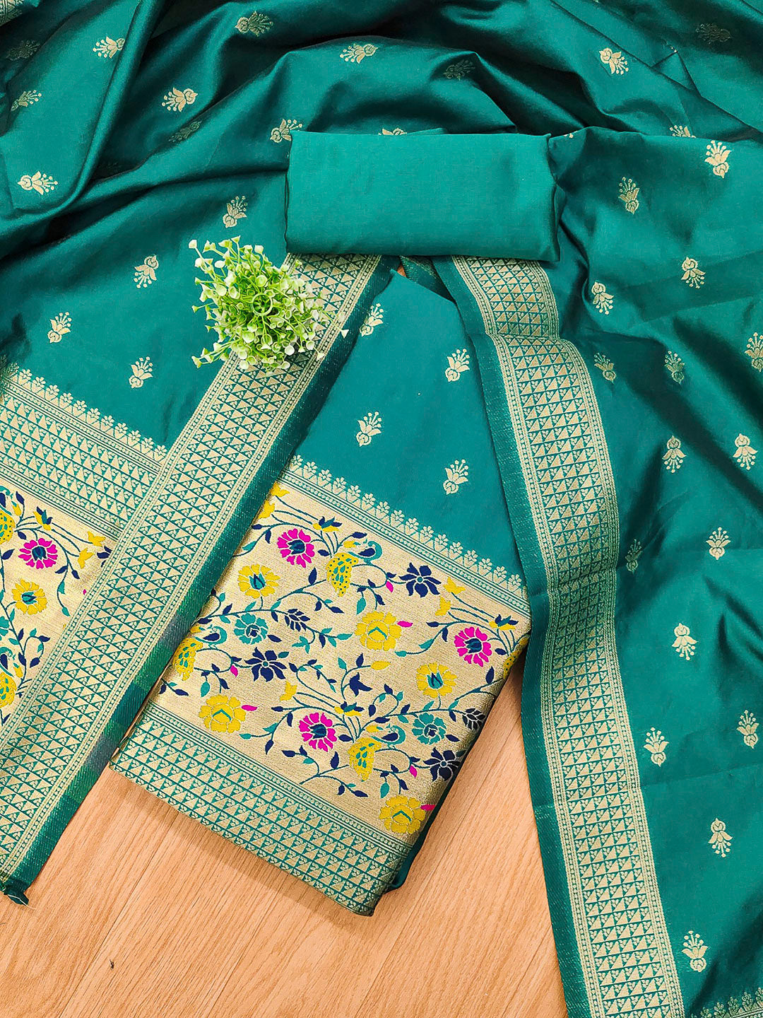 Teal-Blue Pure Soft Banarasi Silk Woven Design Unstitched Dress Material