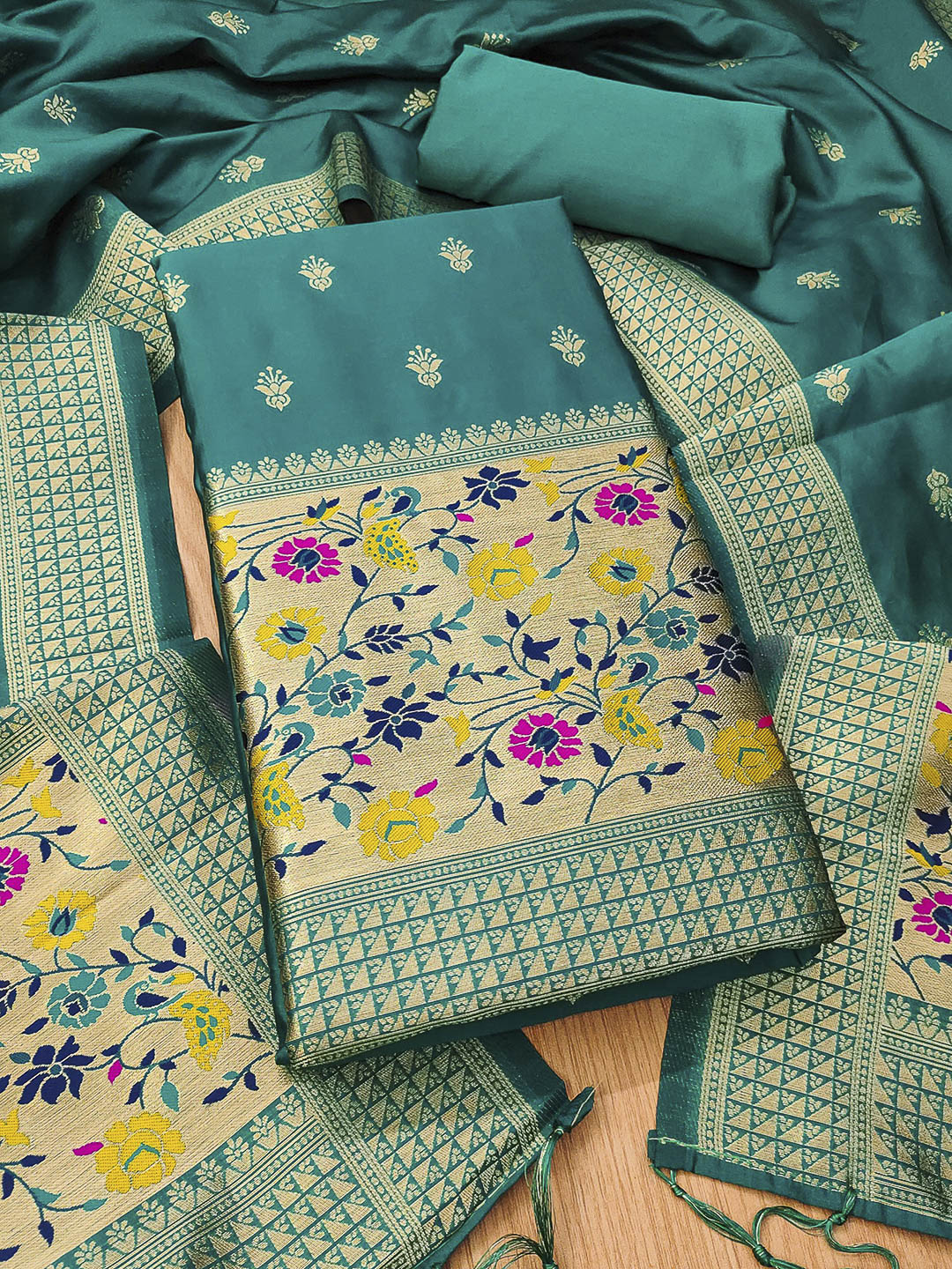 Teal-Blue Pure Soft Banarasi Silk Woven Design Unstitched Dress Material