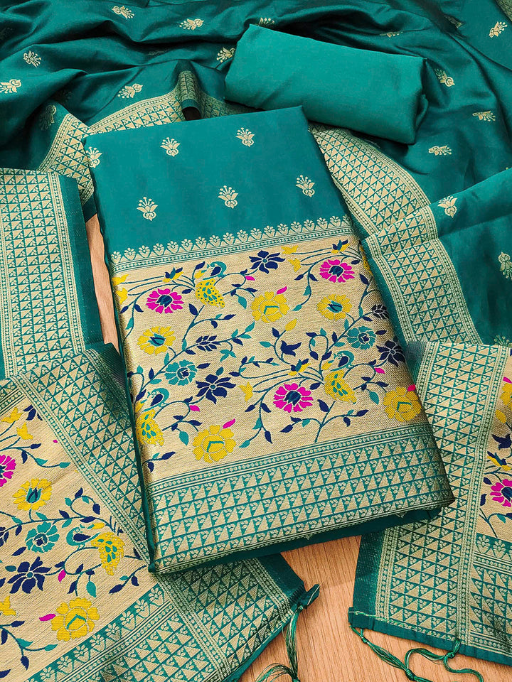 Teal-Blue Pure Soft Banarasi Silk Woven Design Unstitched Dress Material