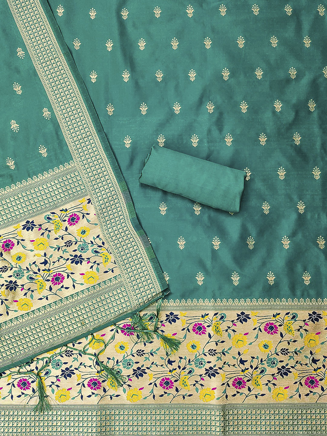 Teal-Blue Pure Soft Banarasi Silk Woven Design Unstitched Dress Material