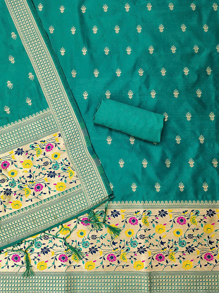 Teal-Blue Pure Soft Banarasi Silk Woven Design Unstitched Dress Material
