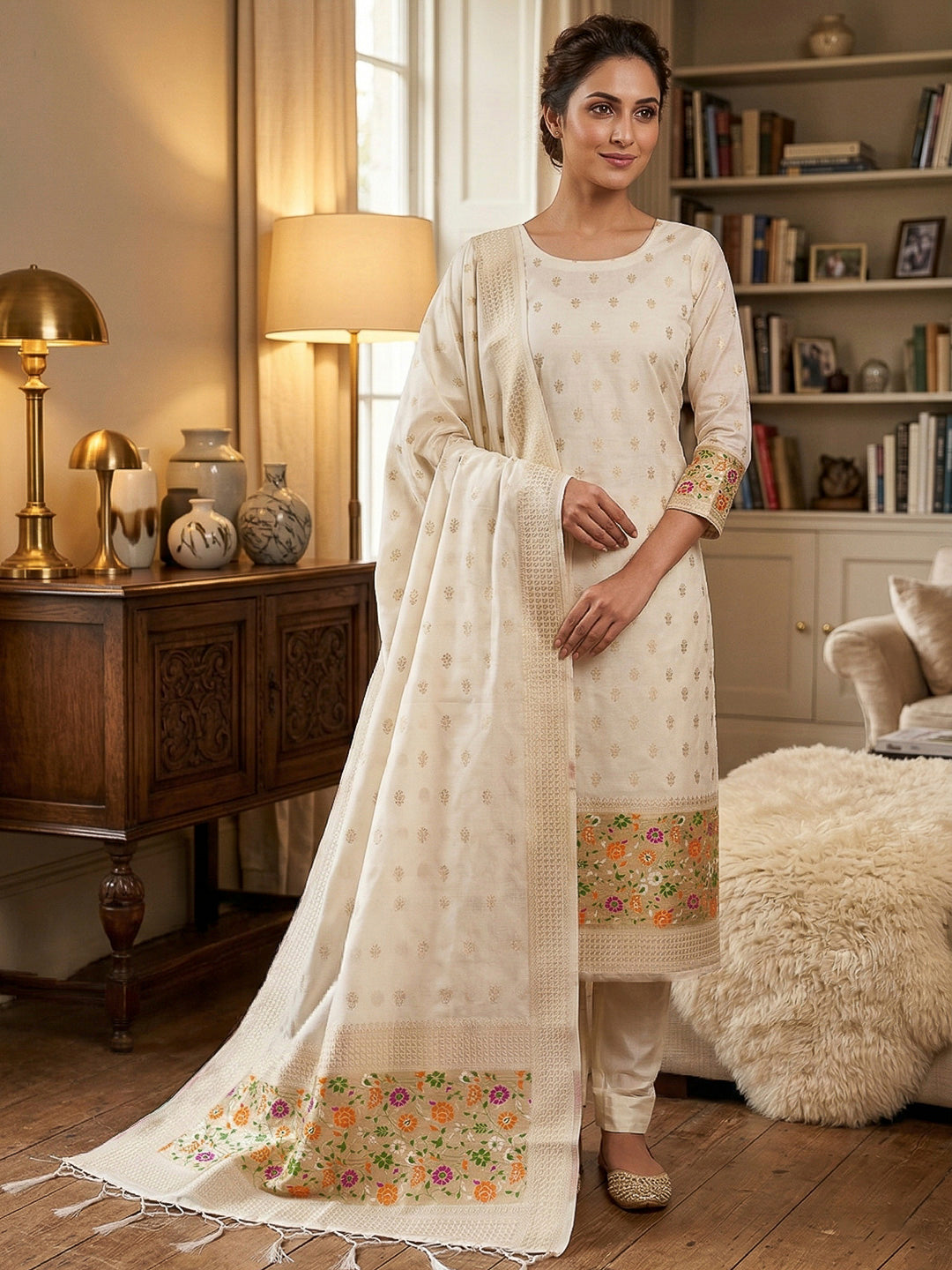 White Pure Soft Banarasi Silk Woven Design Unstitched Dress Material