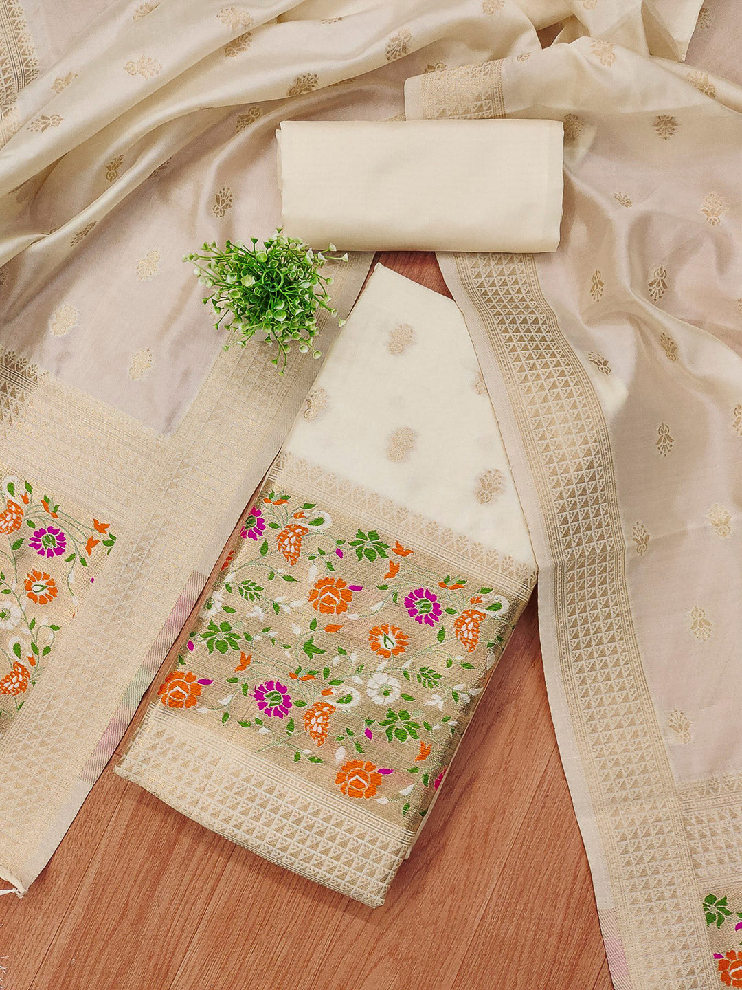 White Pure Soft Banarasi Silk Woven Design Unstitched Dress Material