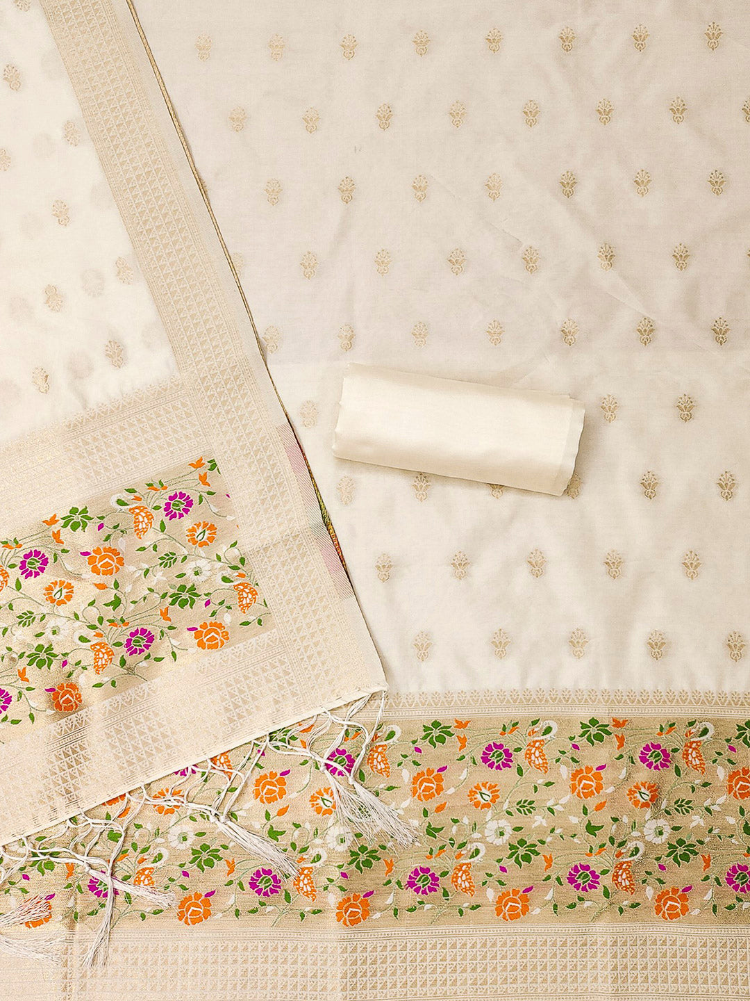 White Pure Soft Banarasi Silk Woven Design Unstitched Dress Material