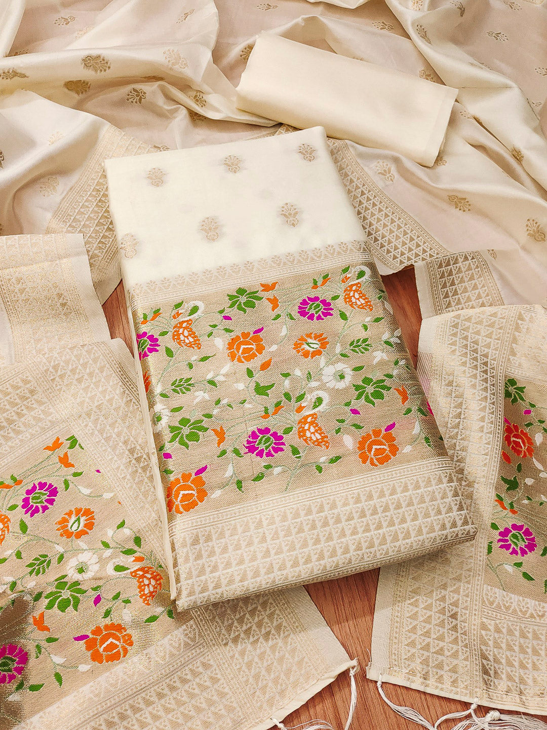 White Pure Soft Banarasi Silk Woven Design Unstitched Dress Material