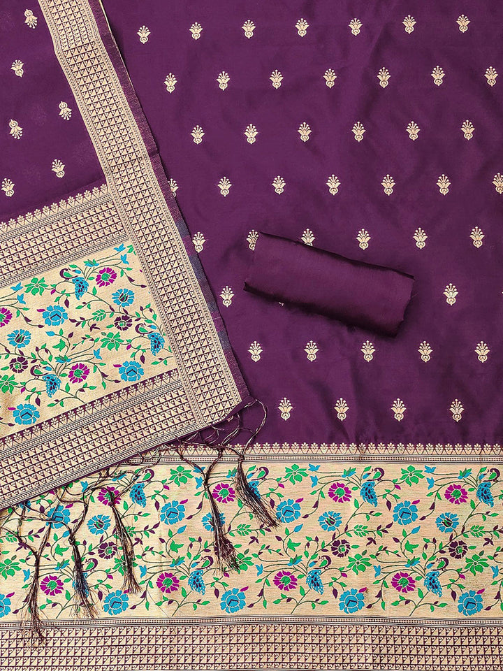 Wine Pure Soft Banarasi Silk Woven Design Unstitched Dress Material