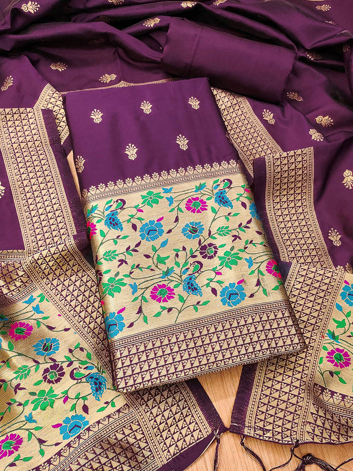 Wine Pure Soft Banarasi Silk Woven Design Unstitched Dress Material