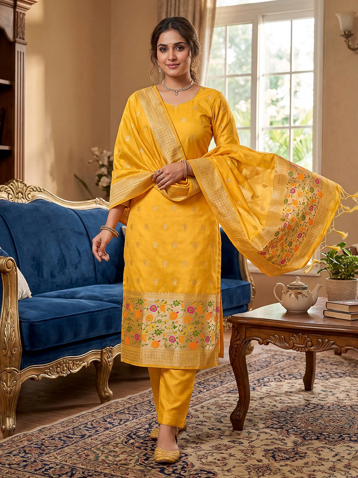 Yellow Pure Soft Banarasi Silk Woven Design Unstitched Dress Material