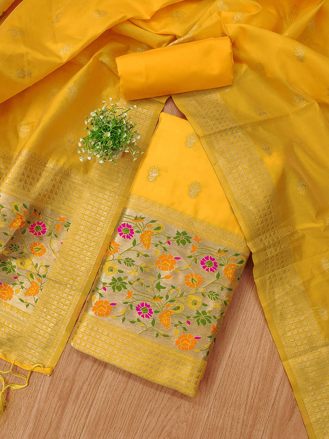 Yellow Pure Soft Banarasi Silk Woven Design Unstitched Dress Material