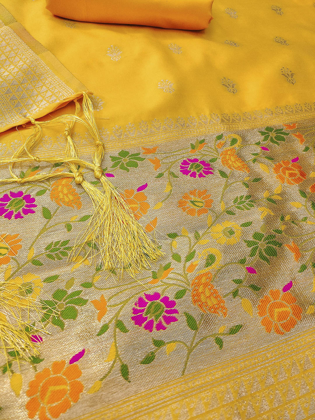 Yellow Pure Soft Banarasi Silk Woven Design Unstitched Dress Material