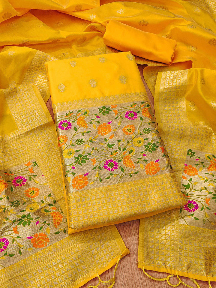 Yellow Pure Soft Banarasi Silk Woven Design Unstitched Dress Material