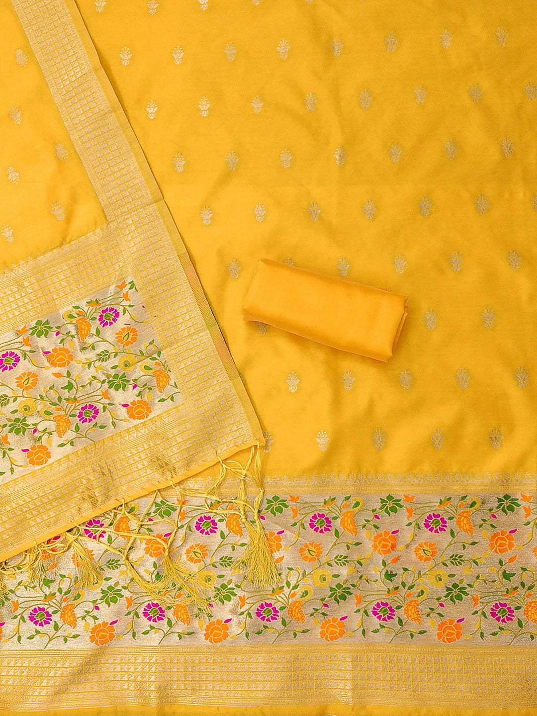 Yellow Pure Soft Banarasi Silk Woven Design Unstitched Dress Material