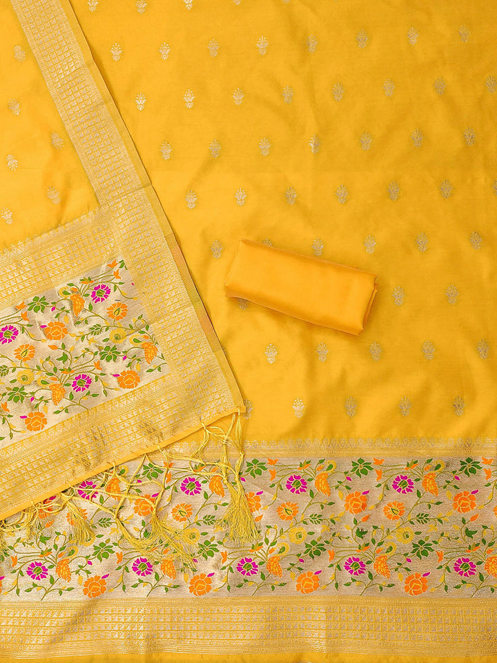 Yellow Pure Soft Banarasi Silk Woven Design Unstitched Dress Material