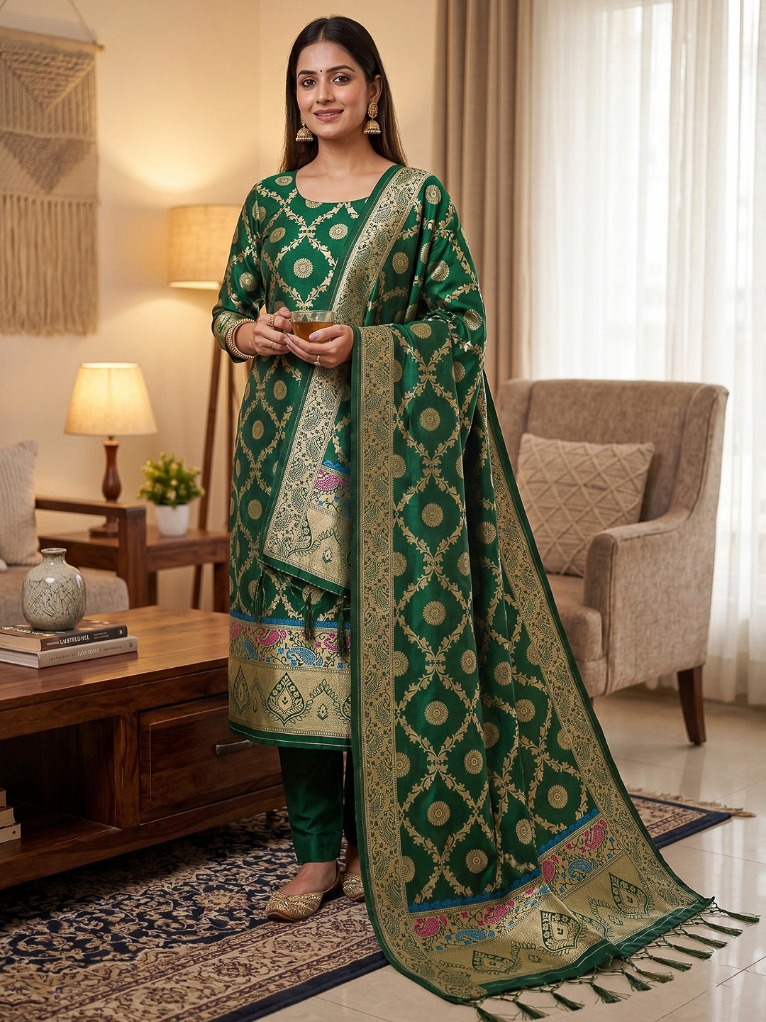 Bottle-Green Pure Soft Banarasi Silk Woven Design Unstitched Dress Material