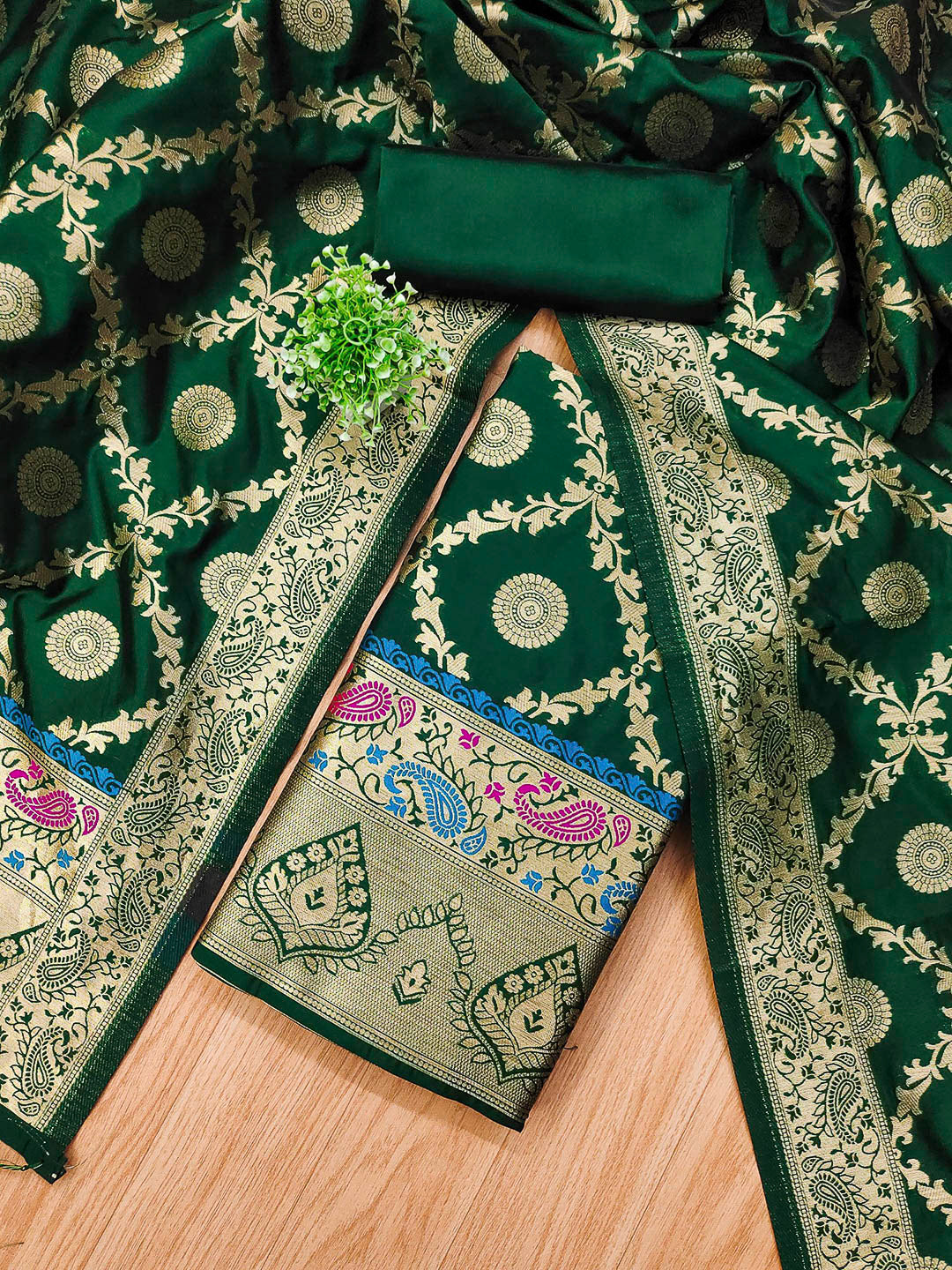 Bottle-Green Pure Soft Banarasi Silk Woven Design Unstitched Dress Material