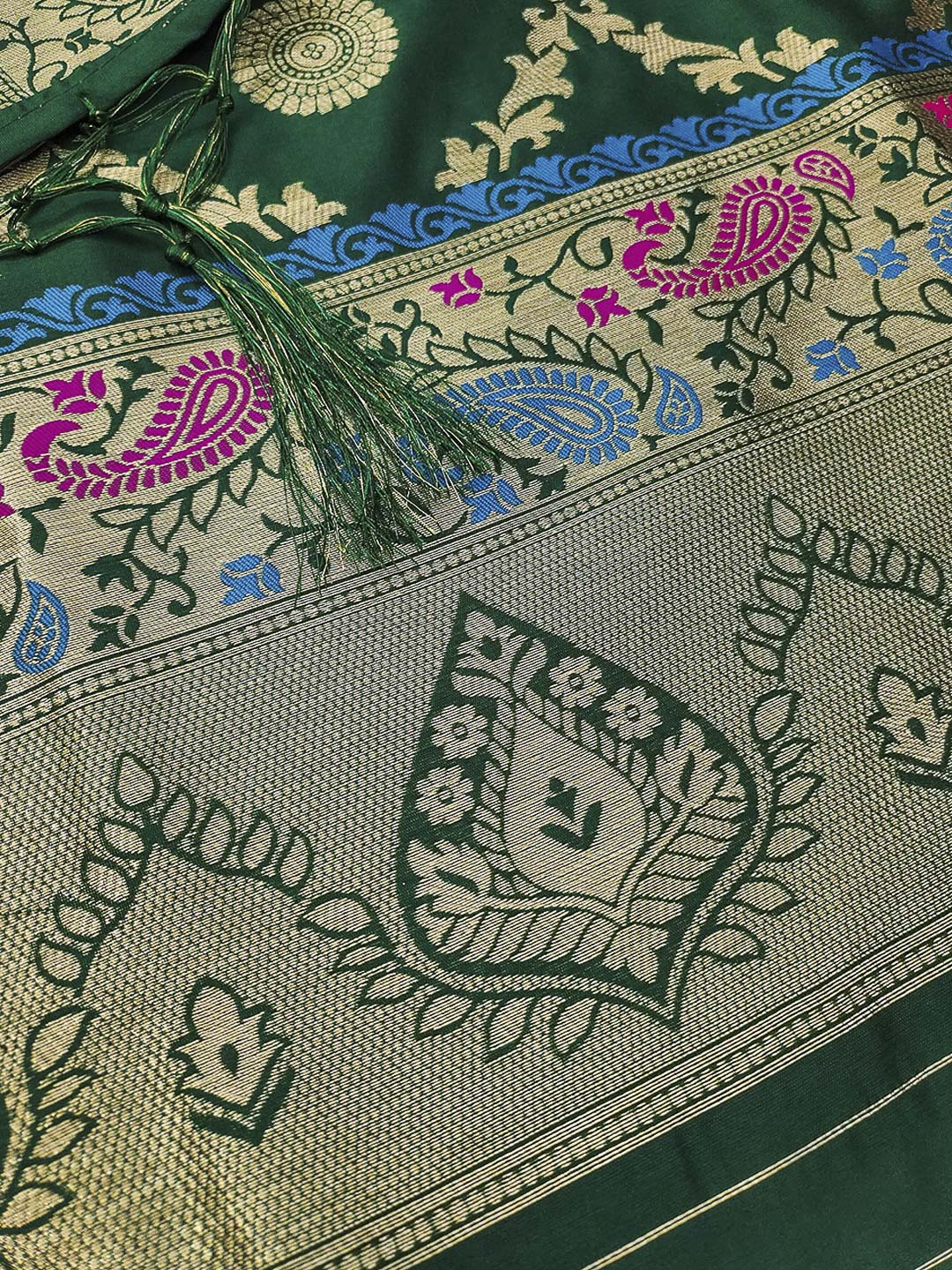 Bottle-Green Pure Soft Banarasi Silk Woven Design Unstitched Dress Material
