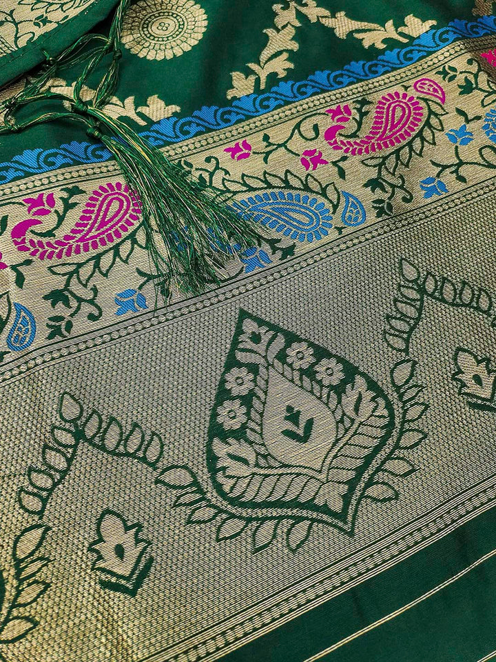 Bottle-Green Pure Soft Banarasi Silk Woven Design Unstitched Dress Material
