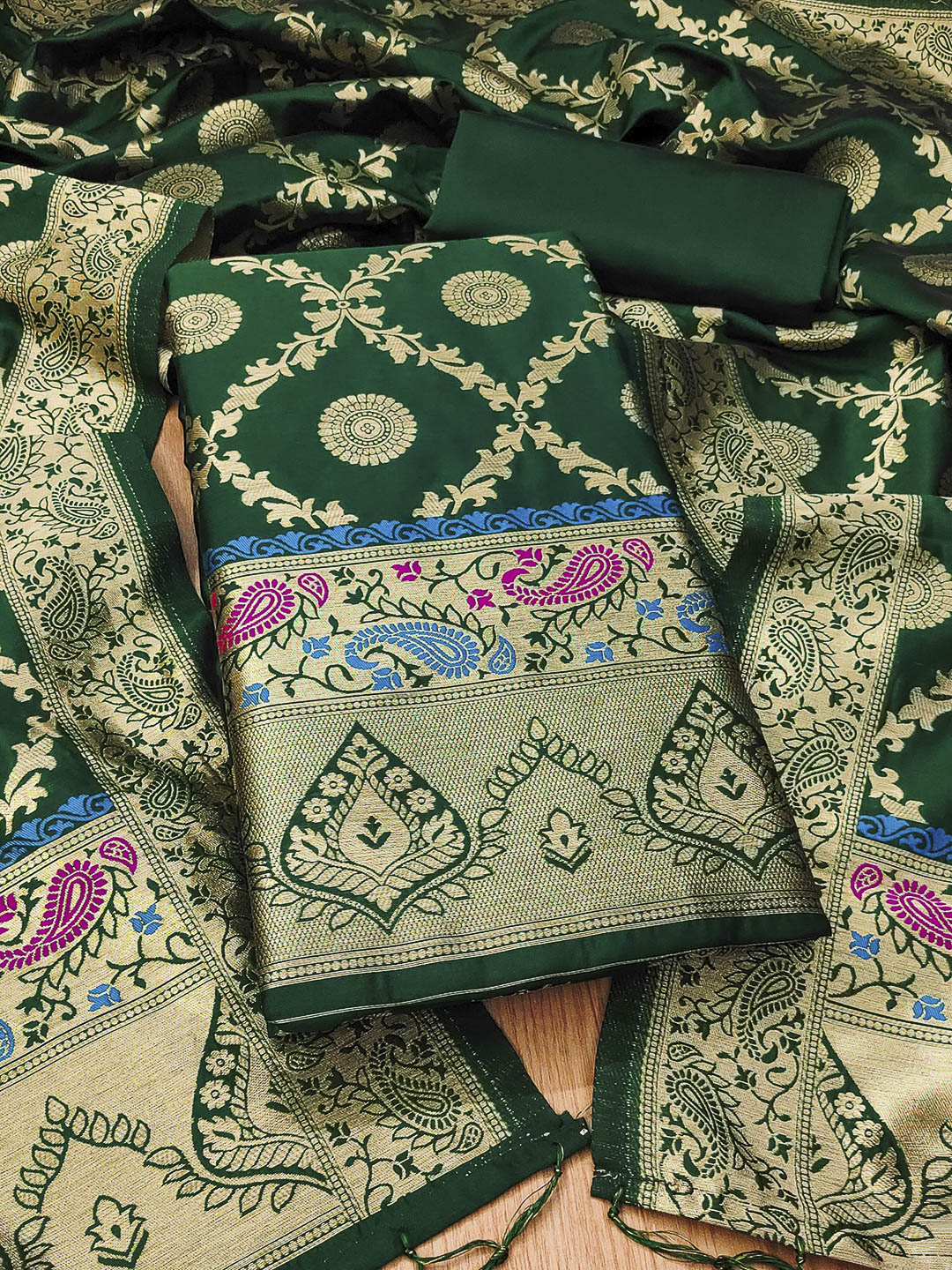 Bottle-Green Pure Soft Banarasi Silk Woven Design Unstitched Dress Material