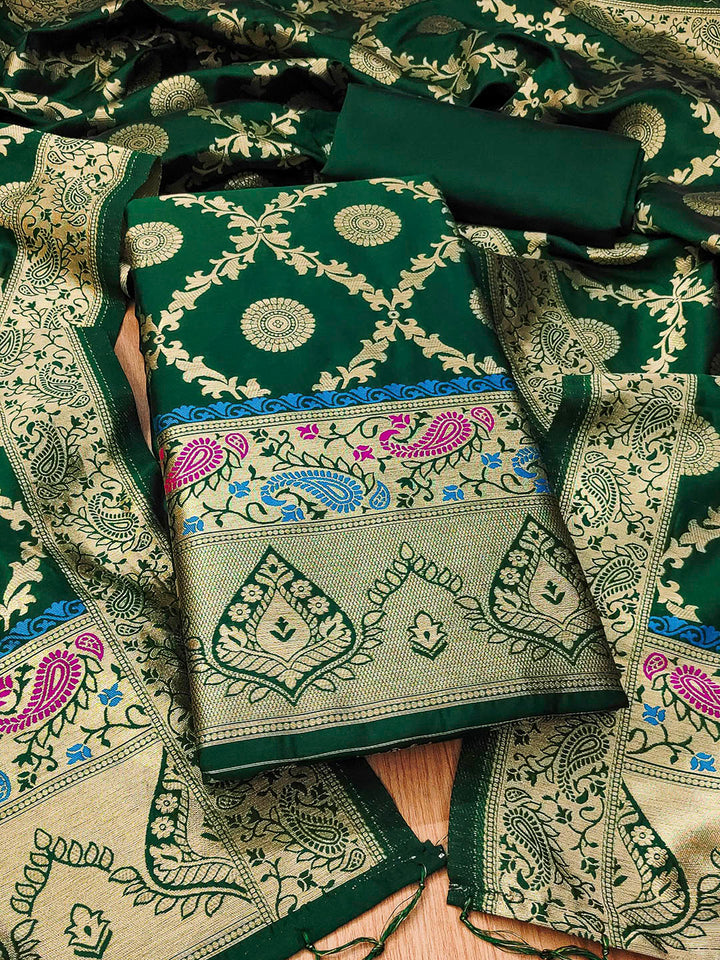 Bottle-Green Pure Soft Banarasi Silk Woven Design Unstitched Dress Material