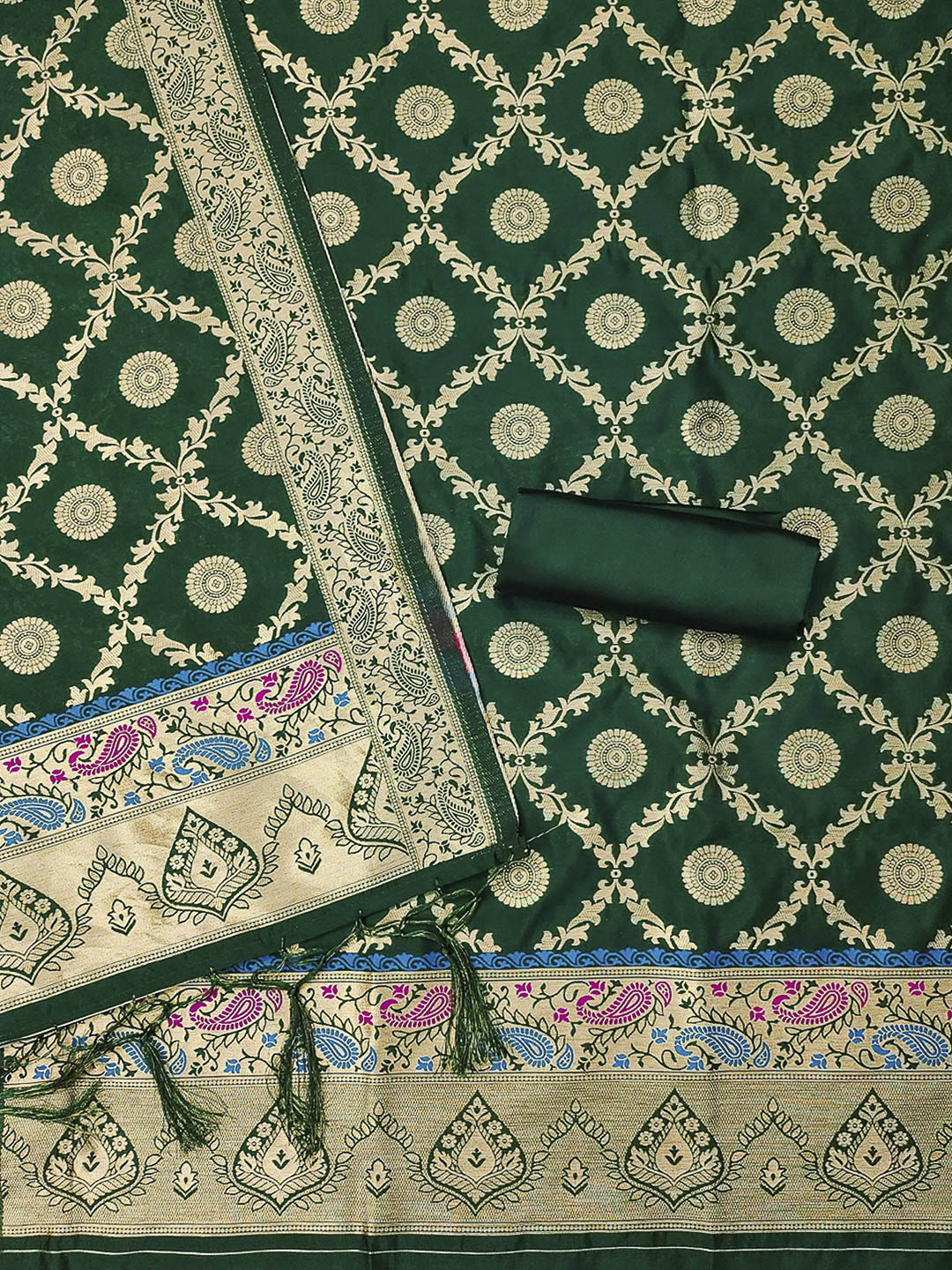 Bottle-Green Pure Soft Banarasi Silk Woven Design Unstitched Dress Material