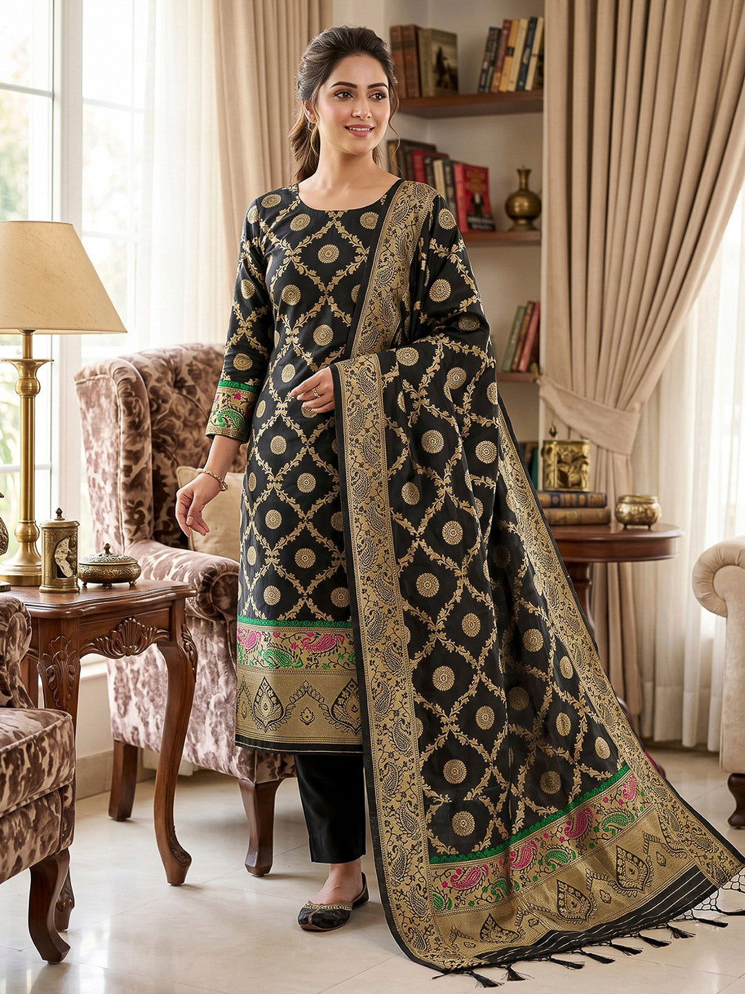 Black Pure Soft Banarasi Silk Woven Design Unstitched Dress Material