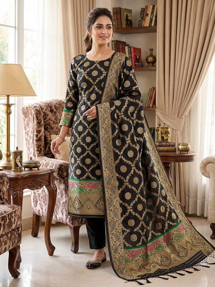 Black Pure Soft Banarasi Silk Woven Design Unstitched Dress Material