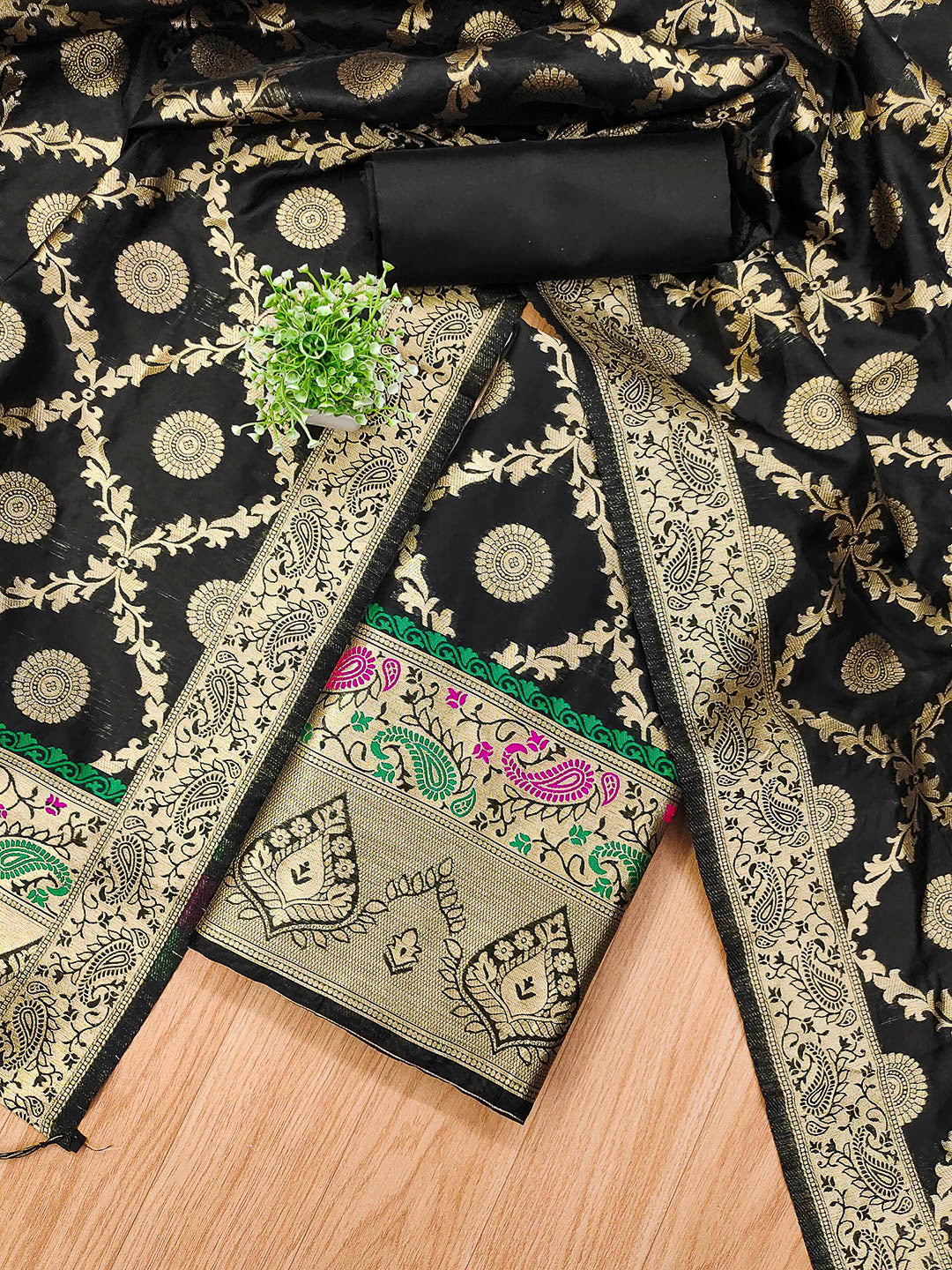 Black Pure Soft Banarasi Silk Woven Design Unstitched Dress Material
