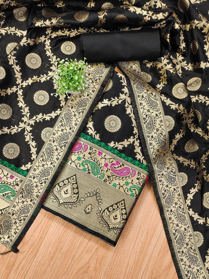 Black Pure Soft Banarasi Silk Woven Design Unstitched Dress Material